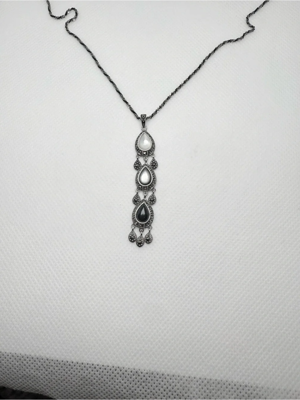Vintage Italian Art Deco Marcasite Onyx Mother of Pearl Chandelier Drop Necklace